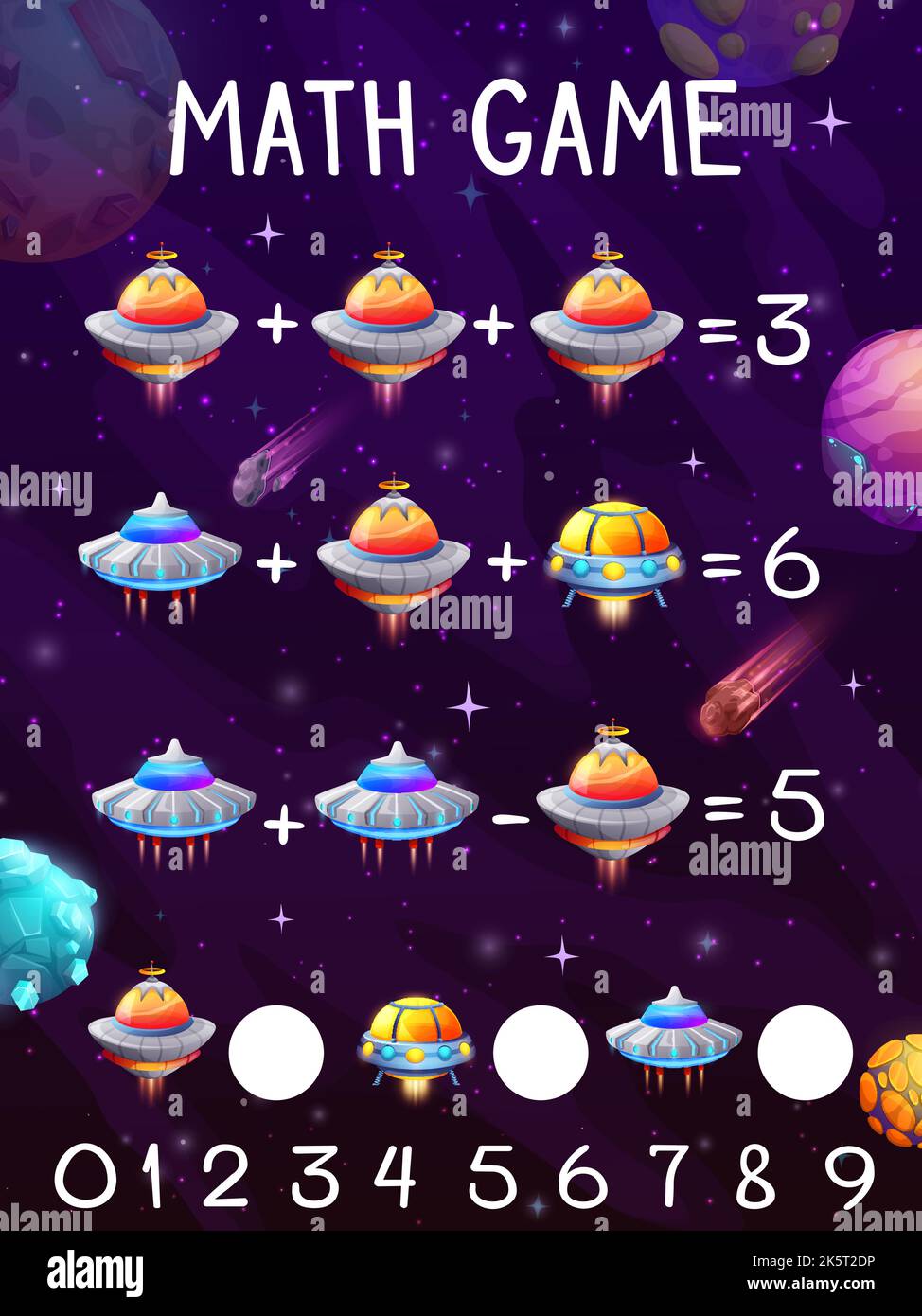 Mathe Spiel Arbeitsblatt, Galaxie Raum und Alien UFO fliegende Untertassen, Vektor Bildung Quiz. Kinder Mathematik Puzzle mit Fantasy galaktischen Planeten und außerirdischen Raumschiff UFO für Mathematik Zusatz und Subtraktion Stock Vektor