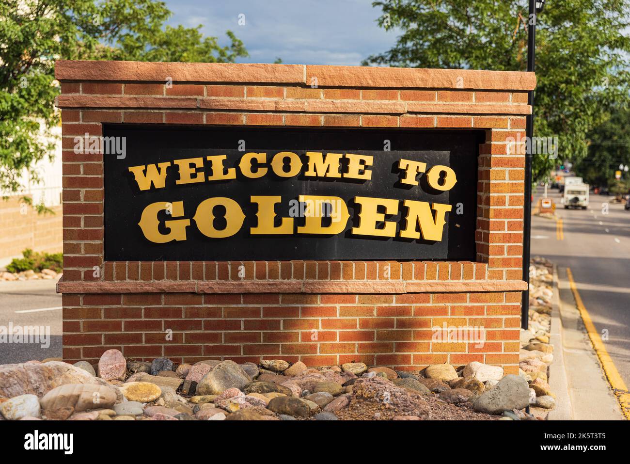 Stadtschild der Stadt Golden Colorado Stockfoto