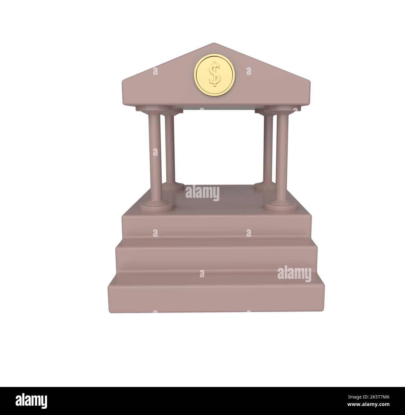 Minimal 3D Illustration Bankgebäude-Ikone mit goldenem Dollarmünzschild, antiker Stil mit Säule. Stockfoto