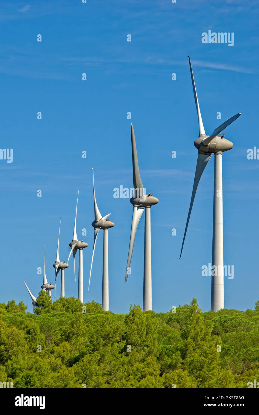 In einem ländlichen Gebiet installierte Windenergieanlagen. Stockfoto