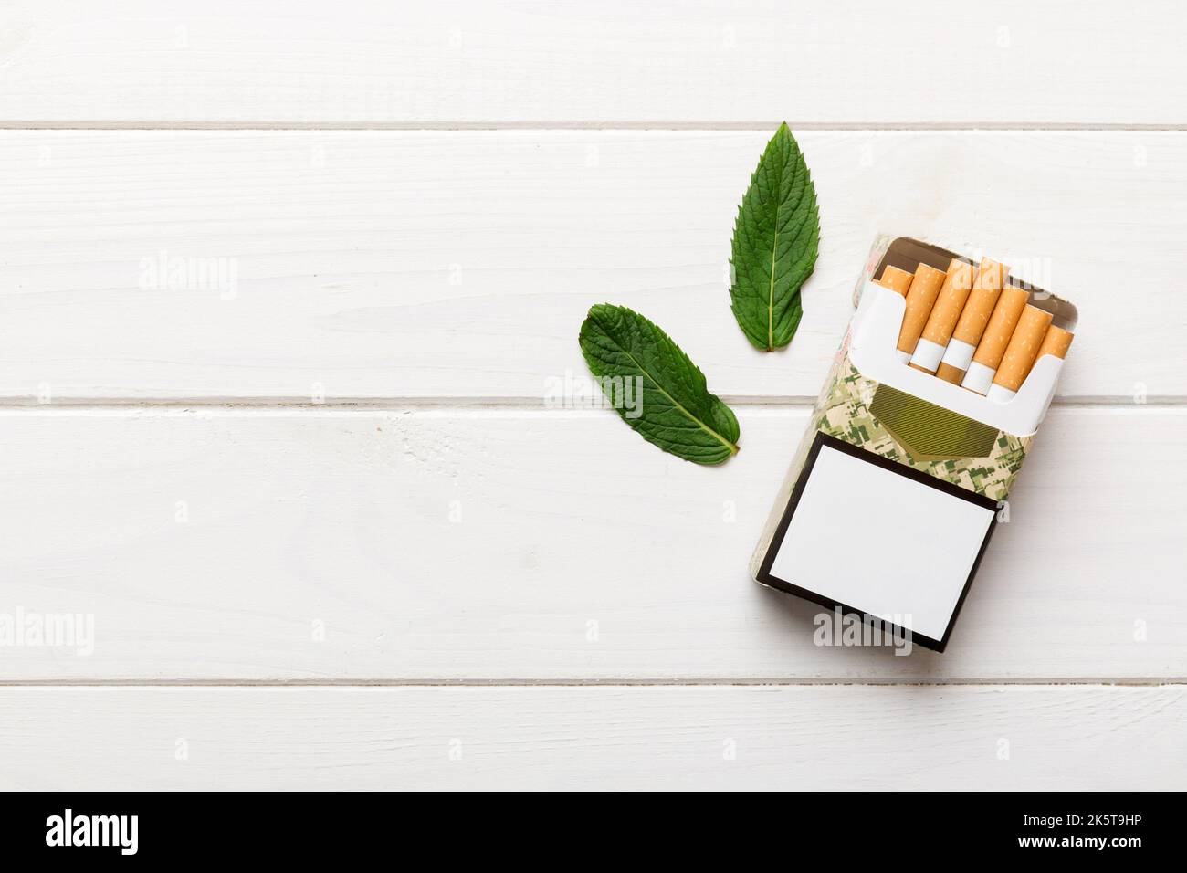 Packung Menthol Zigaretten und frische Minze auf farbigem Tisch, Menthol Zigaretten Draufsicht flach liegend. Stockfoto