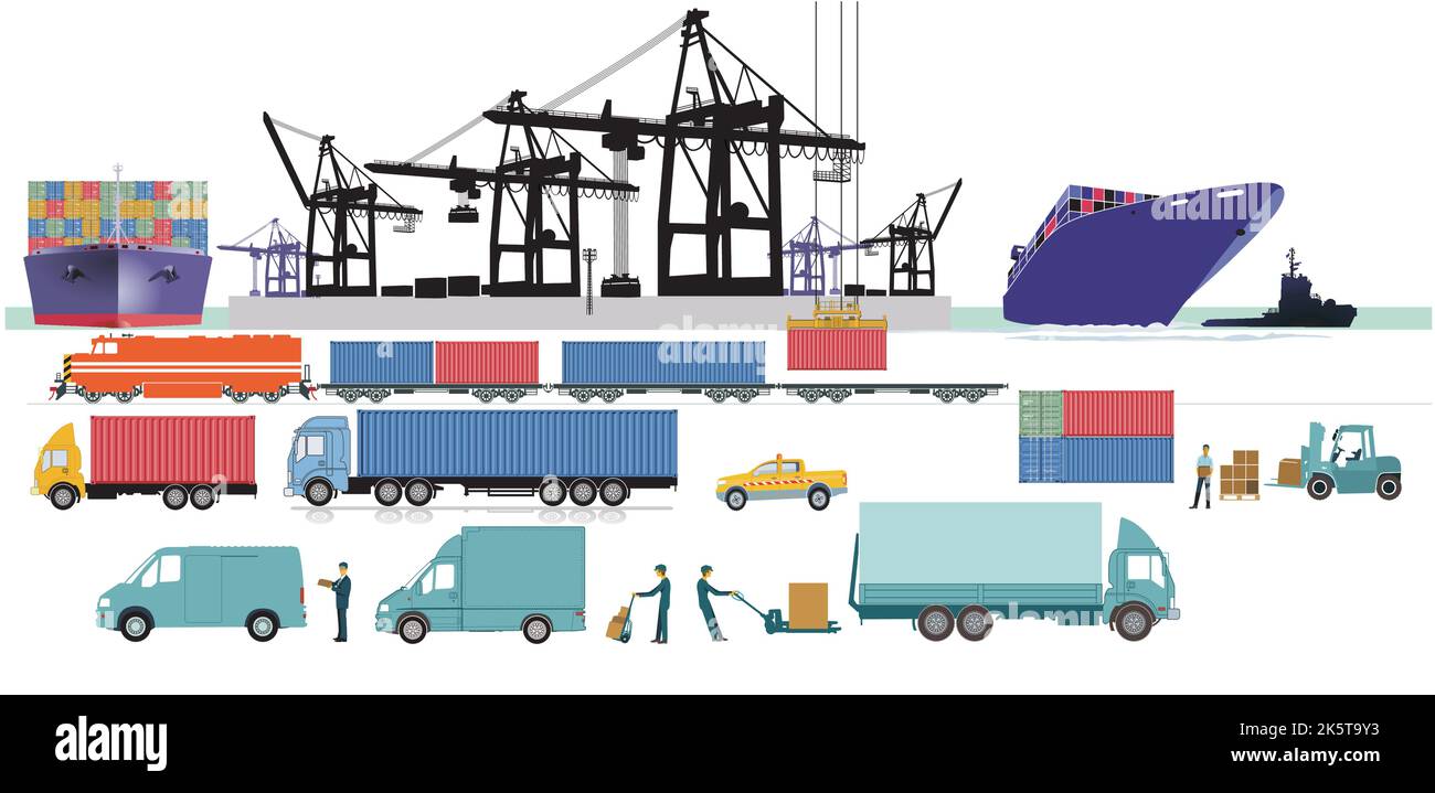 Logistik und Versand, Containertransport, Hafendarstellung Stock Vektor