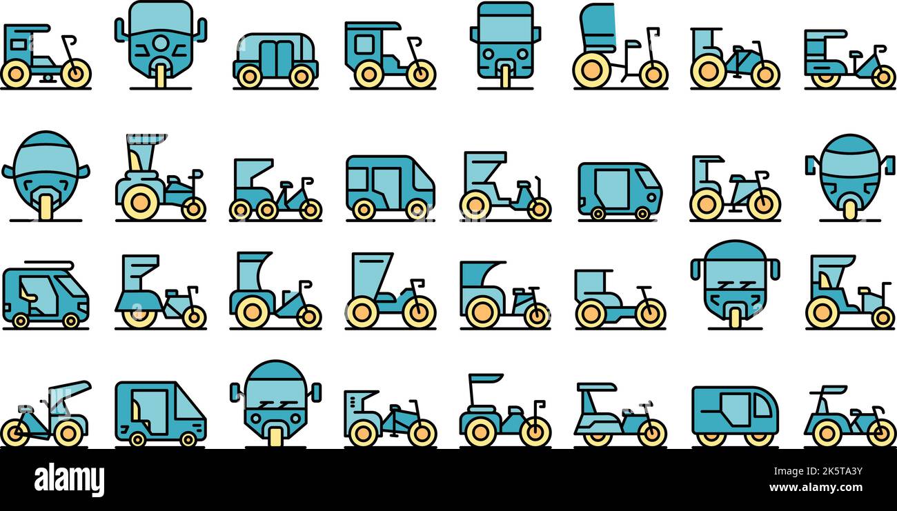 Trishaw-Symbole setzen den Umrissvektor. Fahrrad für Pediküre. Bike indian dünne Linie Farbe flach auf weiß Stock Vektor