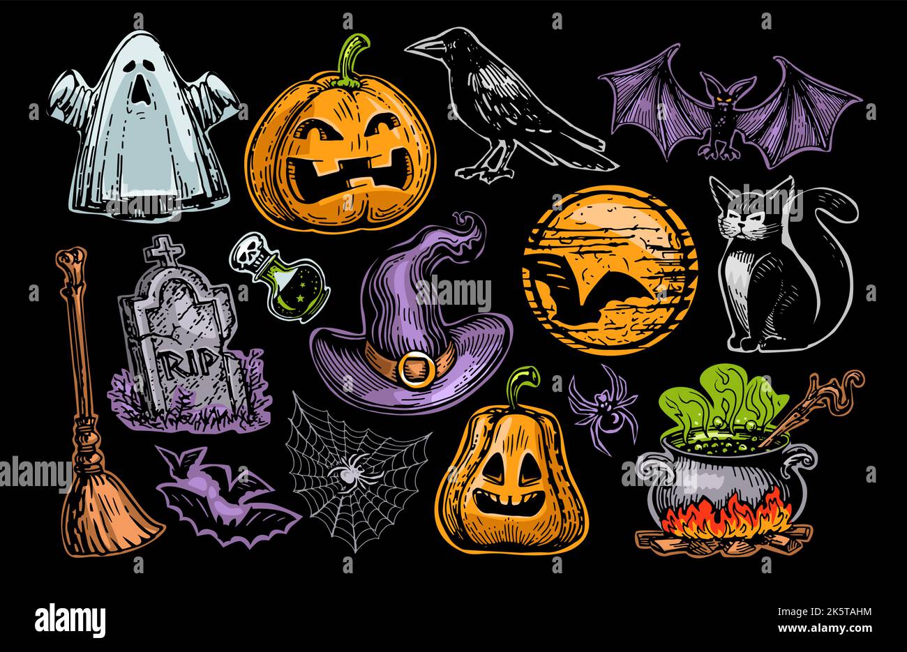 Halloween-Konzept, Satz von farbigen Aufklebern oder Abzeichen. Festliche Dekorationen für die Weihnachtsdekoration. Vektorgrafik Stock Vektor