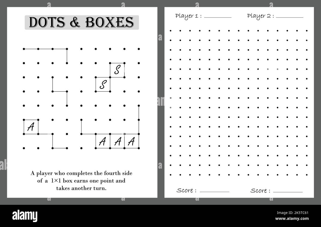 Punkte und Boxen Notiz Buchspiel, Kinder Aktivität Notizbuch Seite, Zeitpass Kinder Spiel. Stock Vektor