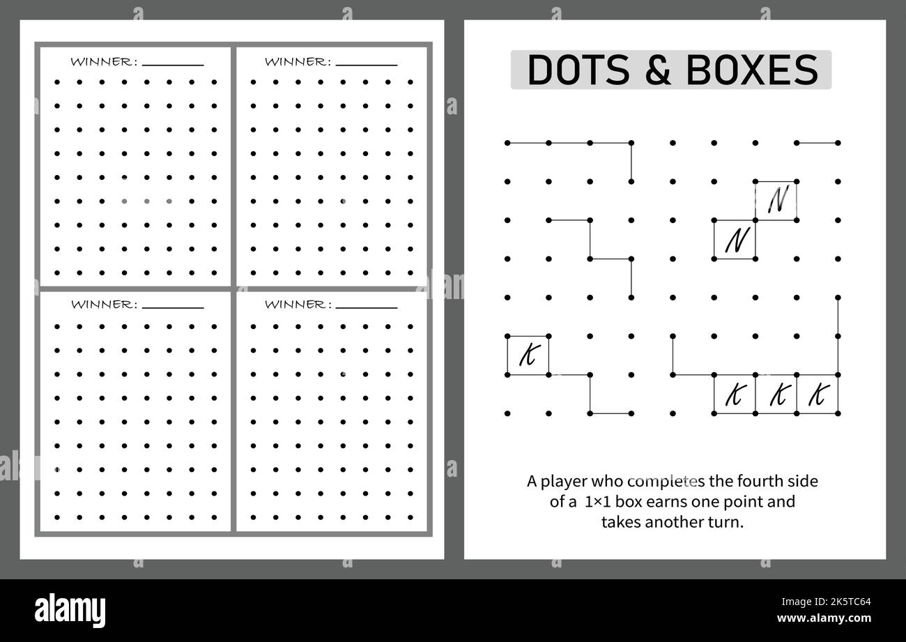 Punkte und Boxen Notiz Buchspiel, Kinder Aktivität Notizbuch Seite, Zeitpass Kinder Spiel. Stock Vektor