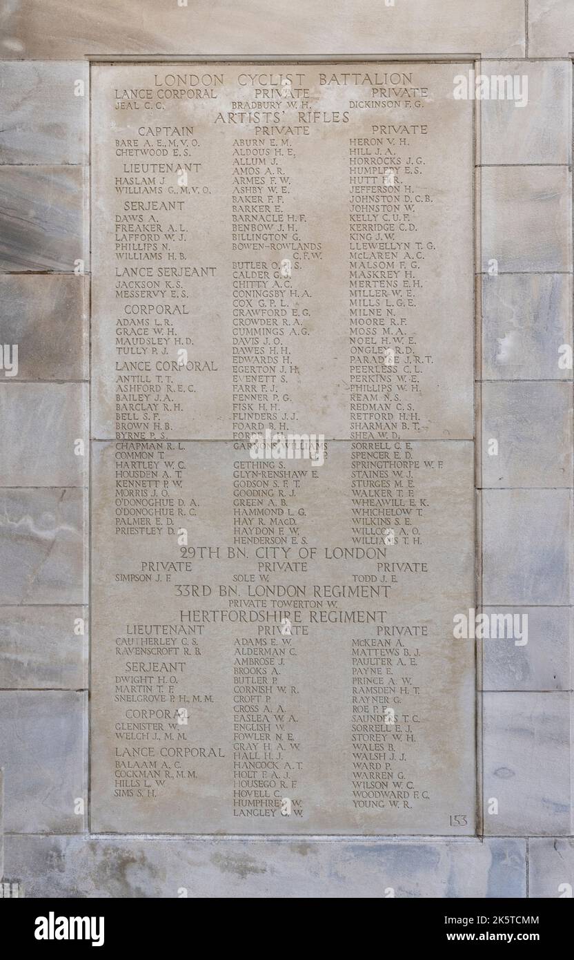 Detailansicht des Gedenkstätte für die Vermissten für die Toten des Ersten Weltkriegs, Tyne Cot Friedhof, Passendale, Westflandern, Belgien. Stockfoto