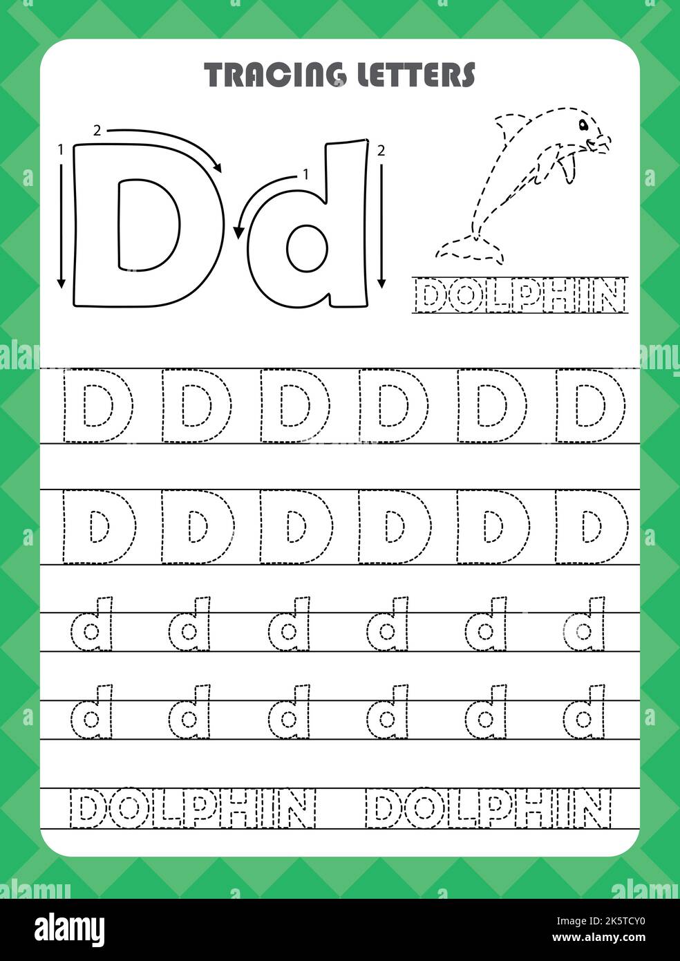 Trace Buchstaben des englischen Alphabets und füllen Farben Groß-und Kleinbuchstaben D. Handschrift Praxis für Vorschulkinder Arbeitsblatt. Stock Vektor