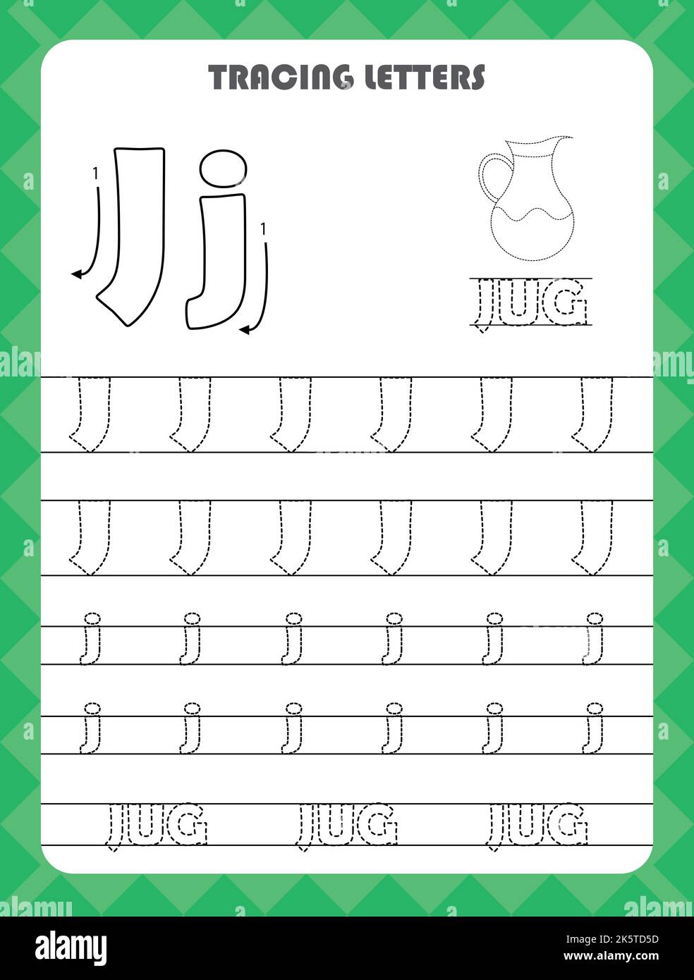 Trace Buchstaben des englischen Alphabets und füllen Farben Groß-und Kleinbuchstaben J. Handschrift Praxis für Vorschulkinder Arbeitsblatt. Stock Vektor