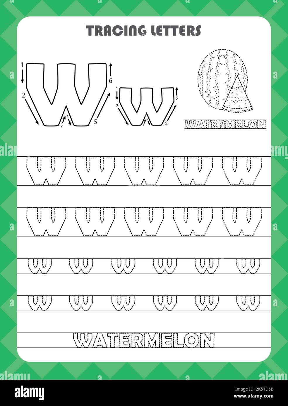 Trace Buchstaben des englischen Alphabets und füllen Farben Groß-und Kleinbuchstaben W. Handschrift Praxis für Vorschulkinder Arbeitsblatt. Stock Vektor