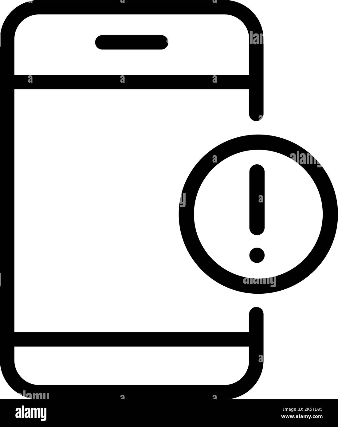 Mobiltelefon-Symbol mit Ausrufezeichen-Vektor-Zeichen im Linienkunststil auf weißem Hintergrund. Smartphone-Logo und Alarm, Fehler, Alarm, Gefahrensymbol Stock Vektor