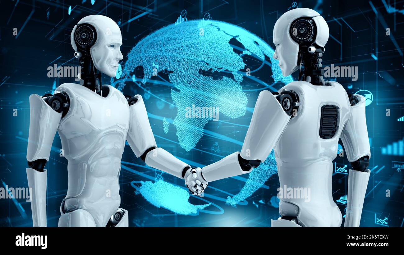 Zukünftige Finanztechnologie-Steuerung durch KI-Roboter Huminoid nutzt  maschinelles Lernen und künstliche Intelligenz, um Geschäftsdaten zu  analysieren und Ratschläge zu geben Stockfotografie - Alamy