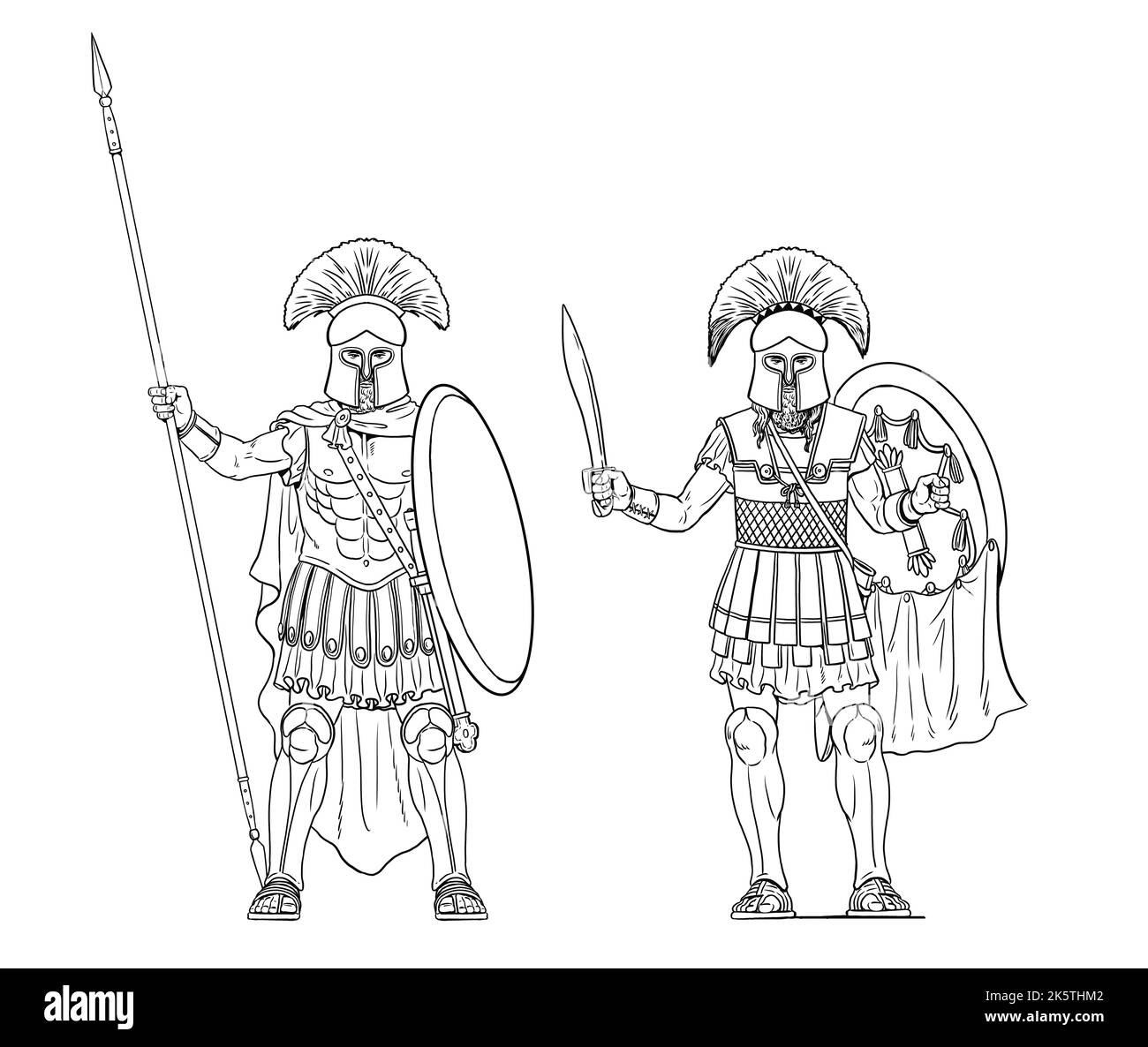 Uralte Krieger. Griechische Hopliten. Illustration mit spartanischer Kriegerin. Stockfoto