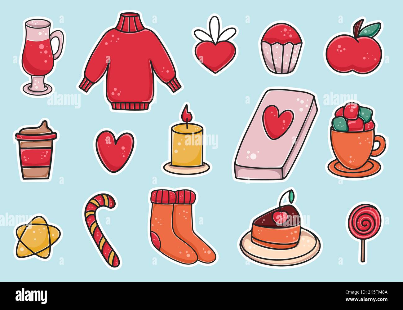 Handgezeichnetes Set von winterlichen gemütlichen Stickern. Kollektion mit Lebensmitteln und Gegenständen für Winterurlaub und Freizeit. Niedliche Ikonen Kuchen, Kaffee, gestrickte Dinge Stock Vektor