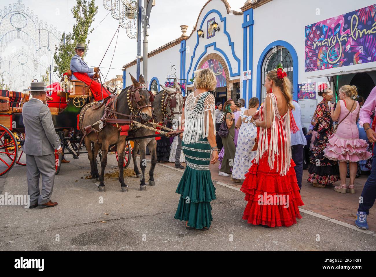Pferdekutsche mit Fahrer, auf der jährlichen Messe Feria of Fuengirola, Andalusien, Spanien. Stockfoto