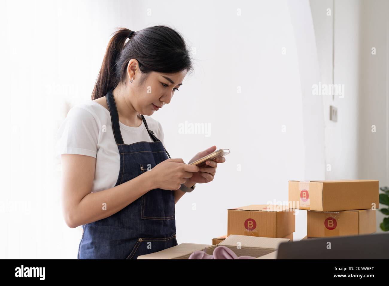 Starten Sie erfolgreiche Kleinunternehmen Eigentümer, arbeiten von zu Hause aus mit Handy. Online-Kauf Bestellung und Verpackung. Stockfoto
