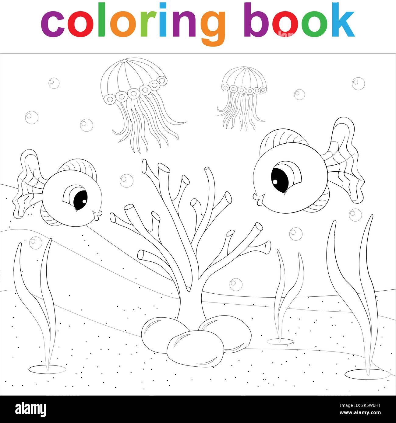 Malvorlagen mit Cartoon-Fischen, Korallen und Quallen, für Kinder