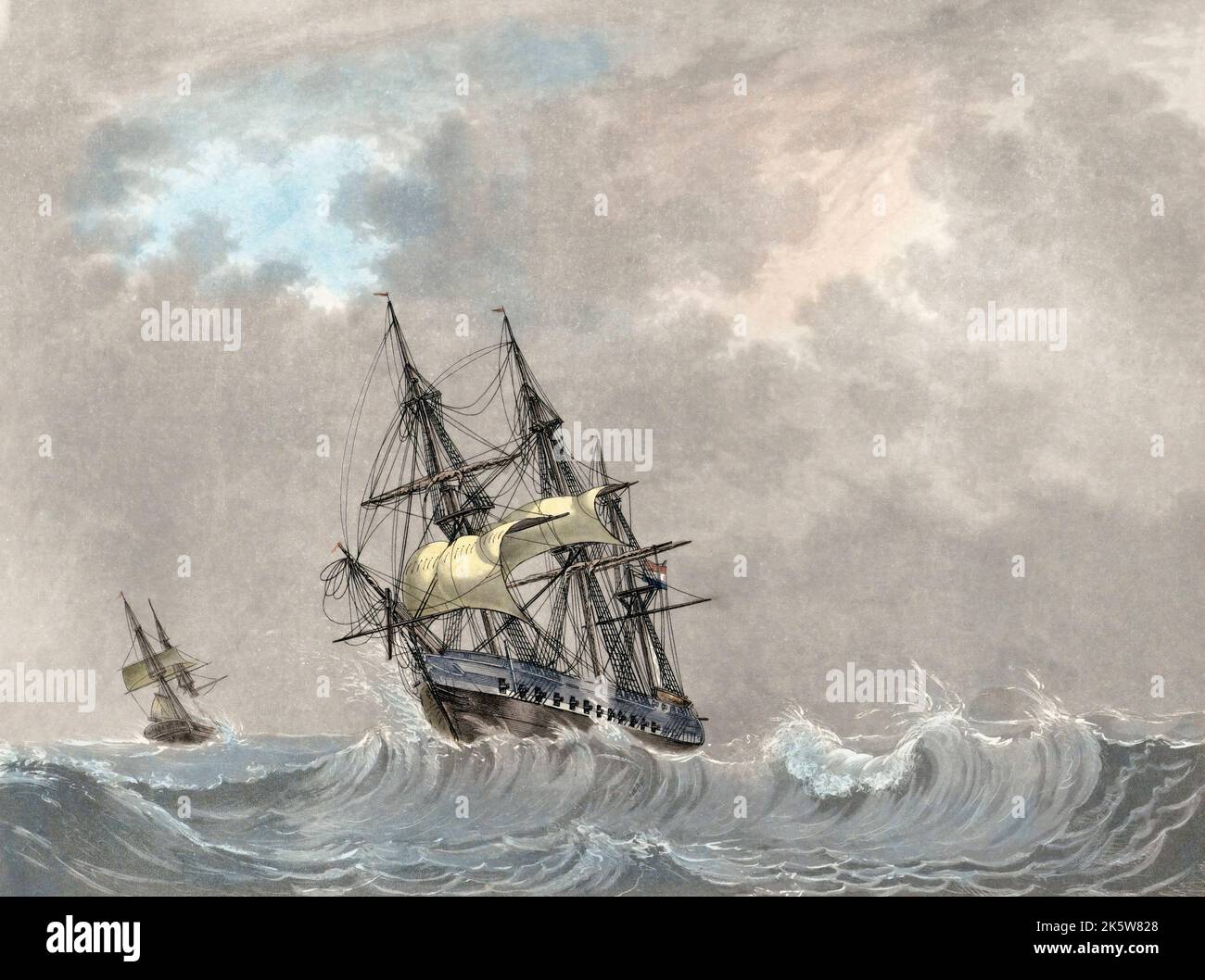 Niederländische Marine Fregatte unter Segel, Anfang 19. Jahrhundert. Nach einem Druck von Willem Hendrik Hoogkamer aus einer Zeichnung von Lieutenant van der Hart. Stockfoto