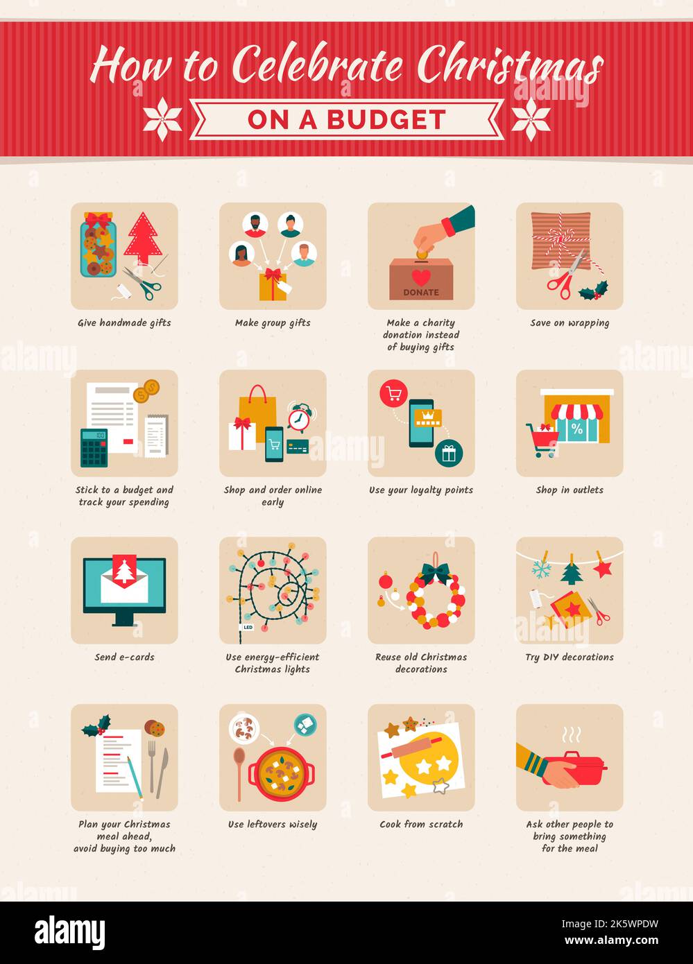 So feiern Sie Weihnachten mit einem Budget: Sparen Sie Geld für Geschenke, Weihnachtseinkäufe, Dekorationen und Weihnachtsessen Stock Vektor