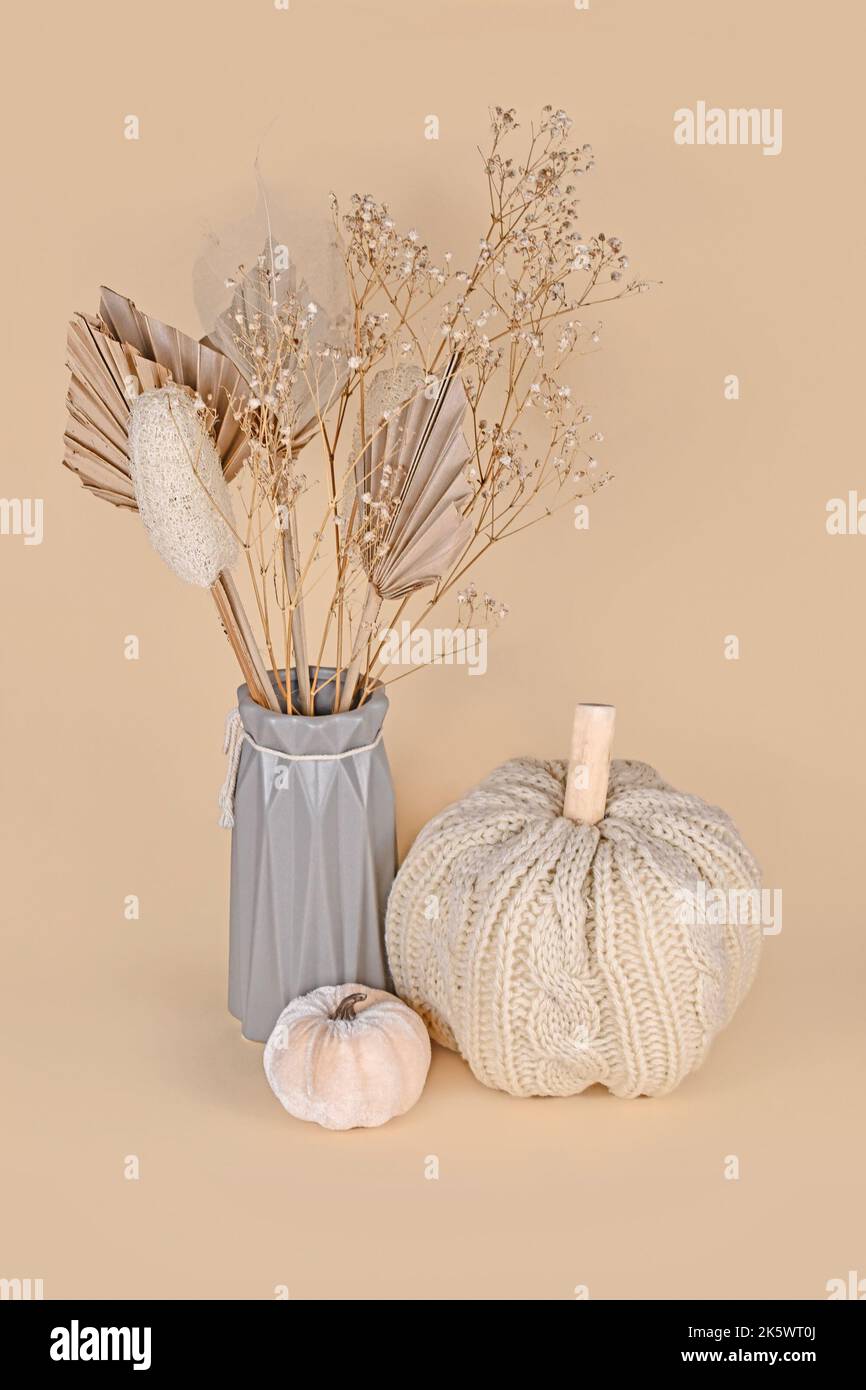 Herbstdeko mit gestricktem beigen Kürbis im Boho-Stil und getrockneten Blumen Stockfoto