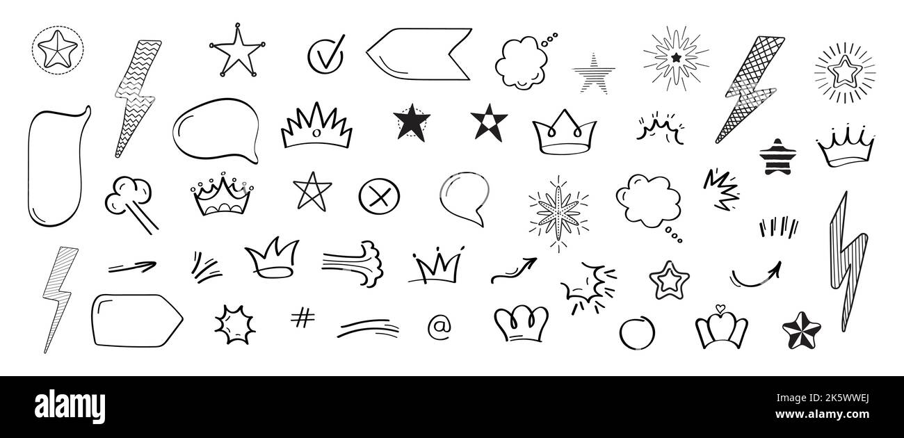 Doodle Infografiken Elemente Vektor für Social Media. Symbole für Web, App, Social Net im handgezeichneten Doodle-Stil. Handgezeichnete Pfeile, Kronen, Herz, c Stock Vektor