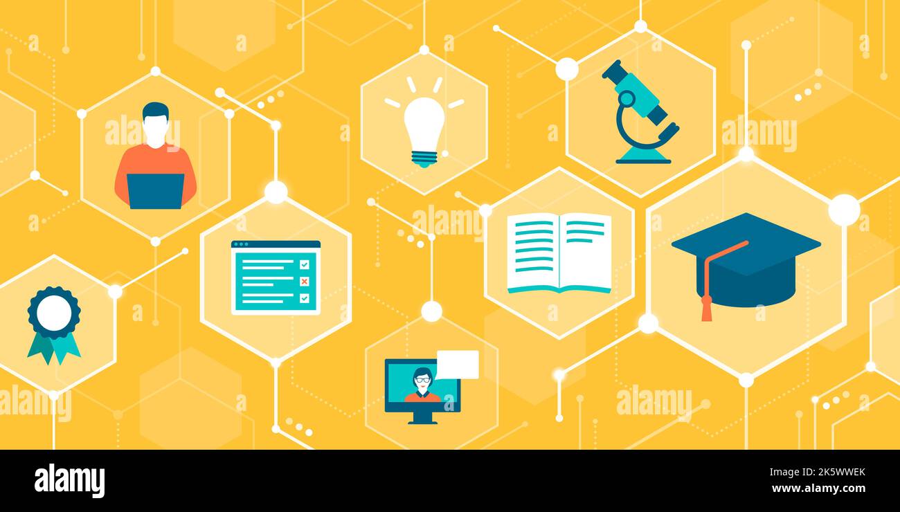E-Learning-Plattform, digitale Bildung und Online-Kurse, abstrakter Hintergrund mit Symbolen in einem Netzwerk Stock Vektor