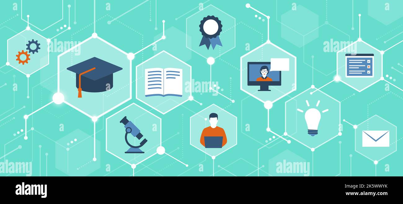 E-Learning-Plattform, digitale Bildung und Online-Kurse, abstrakter Hintergrund mit Symbolen in einem Netzwerk Stock Vektor