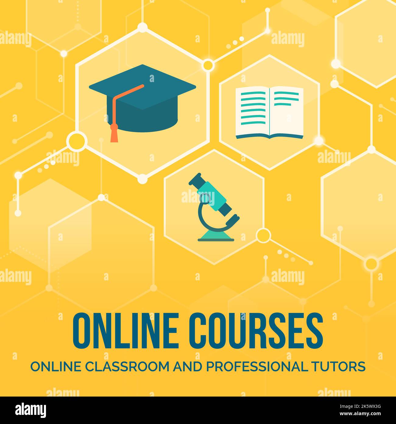 E-Learning-Plattform, digitale Bildung und Online-Kurse, abstrakter Hintergrund mit Symbolen in einem Netzwerk, Kopierraum Stock Vektor