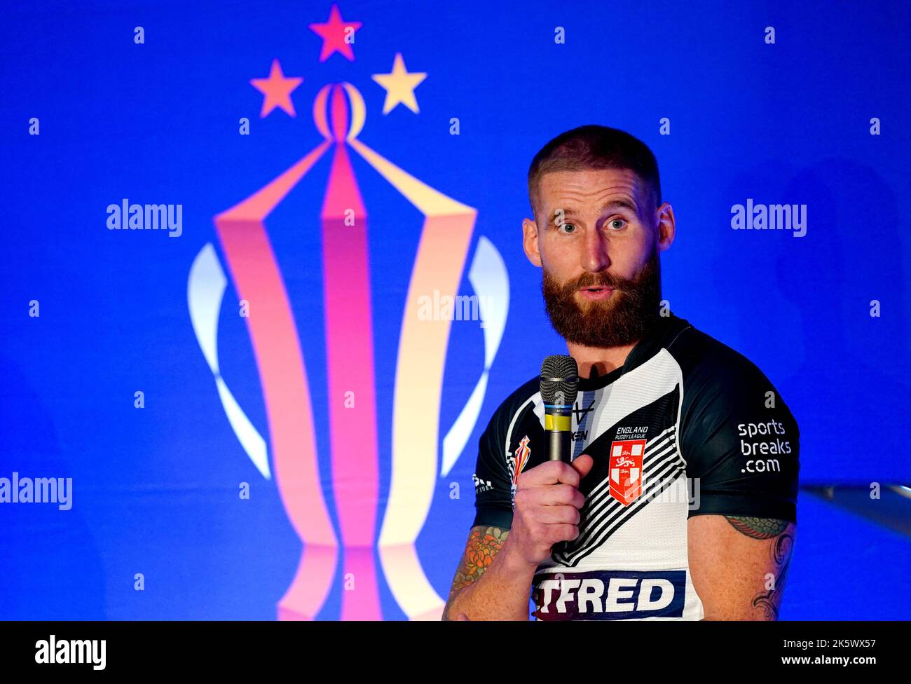 England Kapitän Sam Tomkins während der Rugby League World Cup 2021 Turnierstart im Museum of Science and Industry in Manchester. Bilddatum: Montag, 10. Oktober 2022. Stockfoto