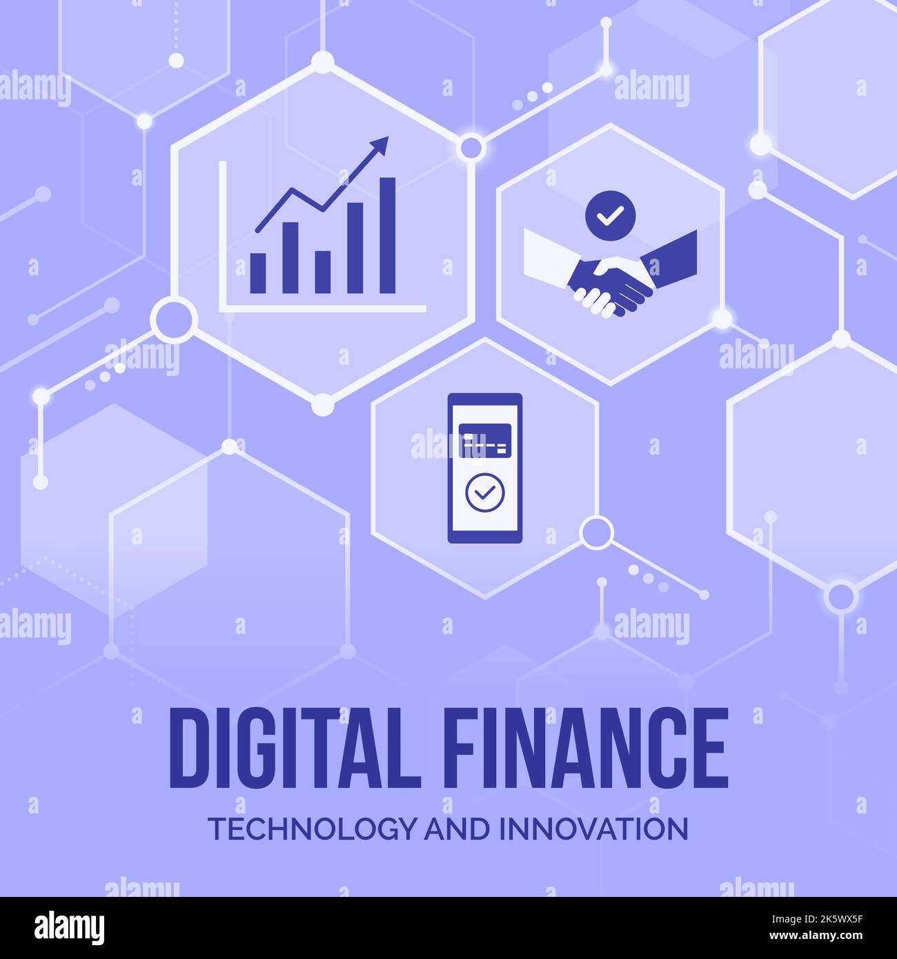Digitale Finanzen, Online-Banking und innovatives Business, abstrakter Hintergrund mit Symbolen in einem Netzwerk, Kopierbereich Stock Vektor
