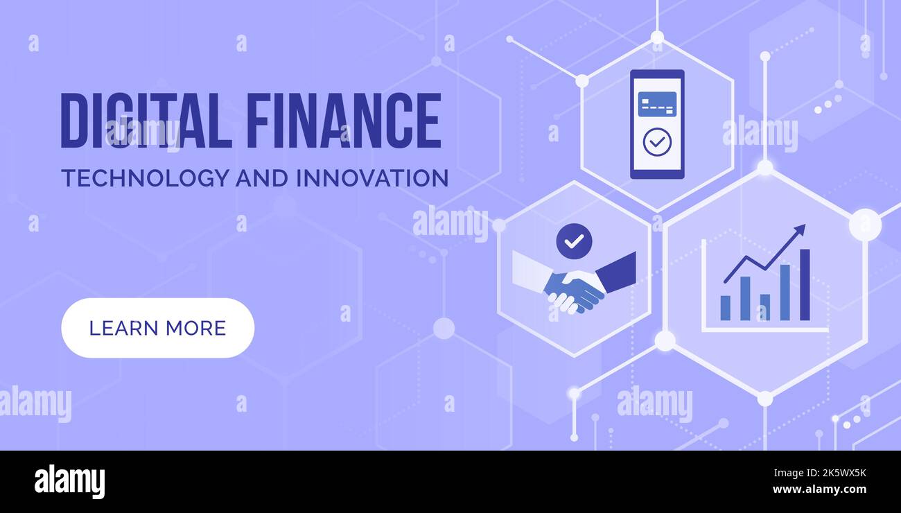 Digitales Finanzwesen und Online-Banking, abstraktes Banner mit Symbolen und Kopierbereich Stock Vektor