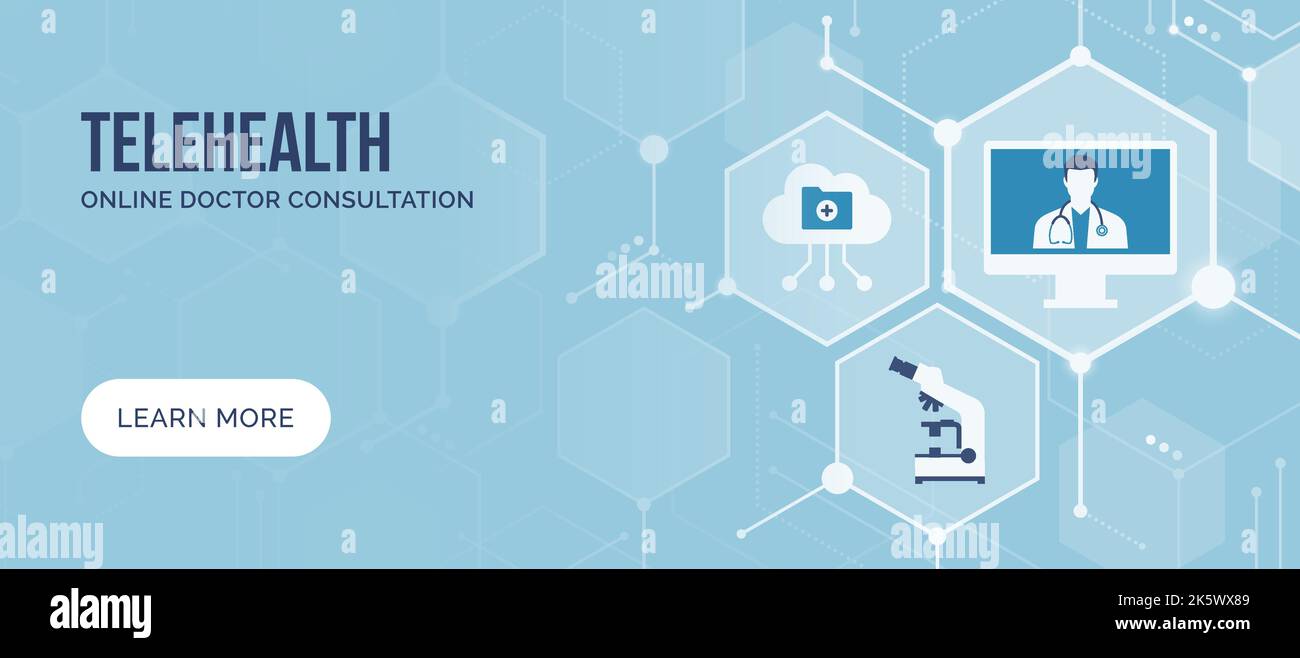Telemedizin, Online-Arzt und innovative medizinische Dienste, abstraktes Banner mit Symbolen, Kopierbereich Stock Vektor