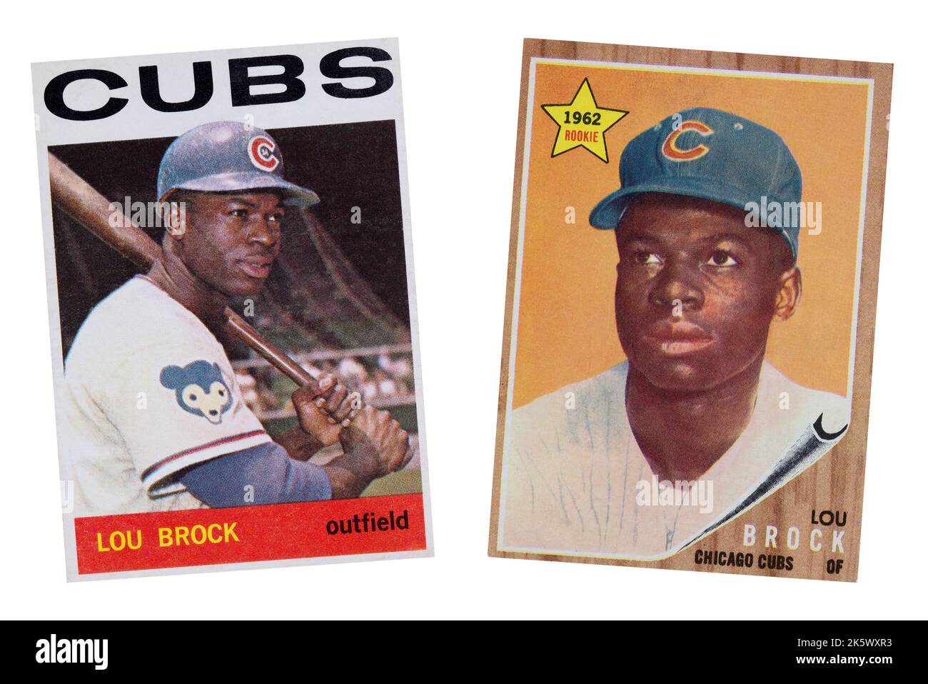 1964 Chicago Cubs Baseballkarte von Lou Brock in seinem letzten Jahr mit den Jungen und seiner 1962 Rookie-Karte. Lou wurde an die St. Louis Cardinals durin Handel gebracht Stockfoto