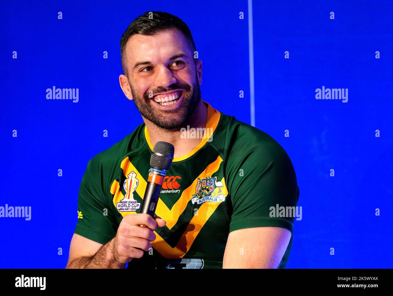 Der australische Kapitän James Tedesco beim Start des Rugby League World Cup 2021 Turniers im Museum of Science and Industry in Manchester. Bilddatum: Montag, 10. Oktober 2022. Stockfoto