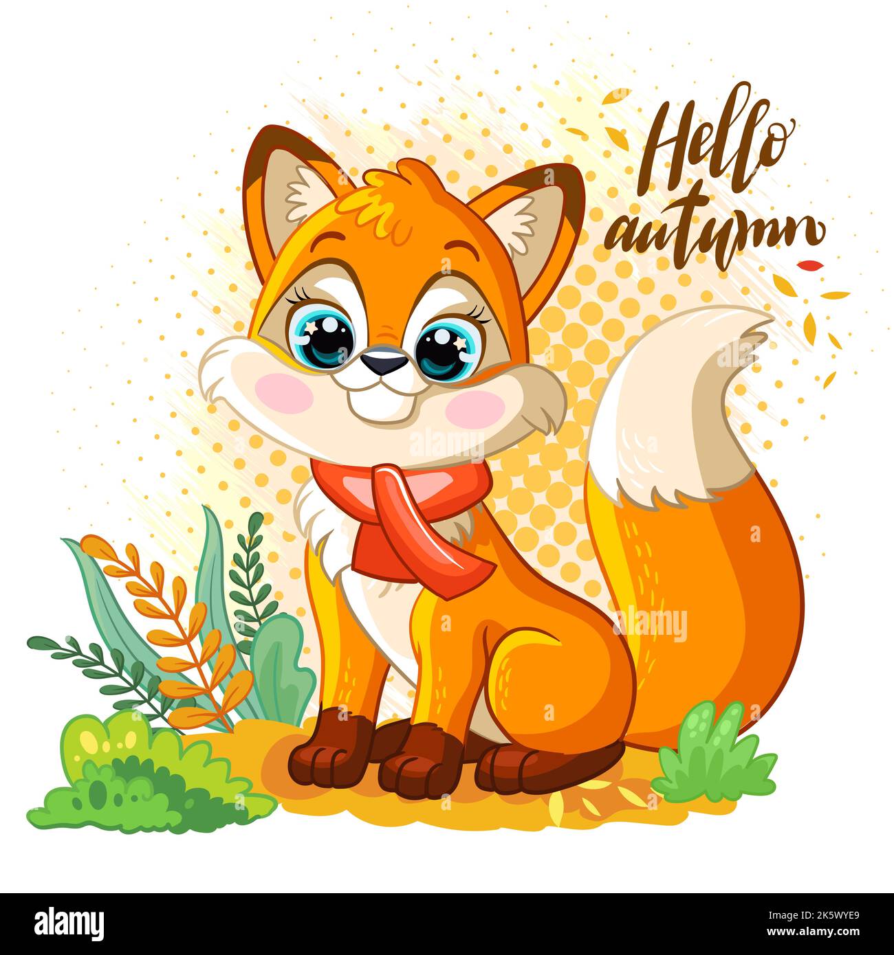 Niedlicher sitzender Herbstfuchs im Schal auf der Natur. Schriftzug hallo Herbst. Zeichentrickfigur. Vektor-isolierte Illustration. Für Druck und Design, Poster, Auto Stock Vektor