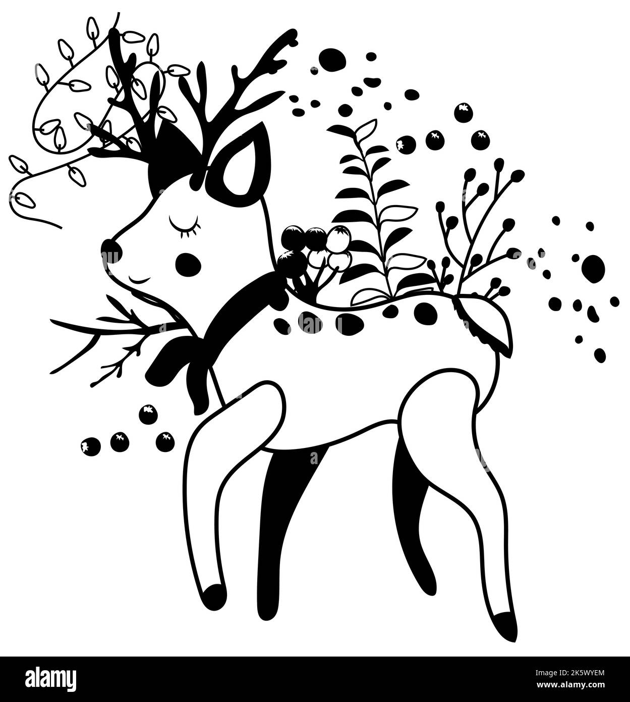 Magischer Winter, Schwarz und Weiß ein süßes Rentier in einem Schal mit Girlanden an den Hörnern, Winterbeeren und Blättern. Skandinavisches Tier.perfekt für Grußkarten, Poster, Flyer, Banner.Vektor Stock Vektor