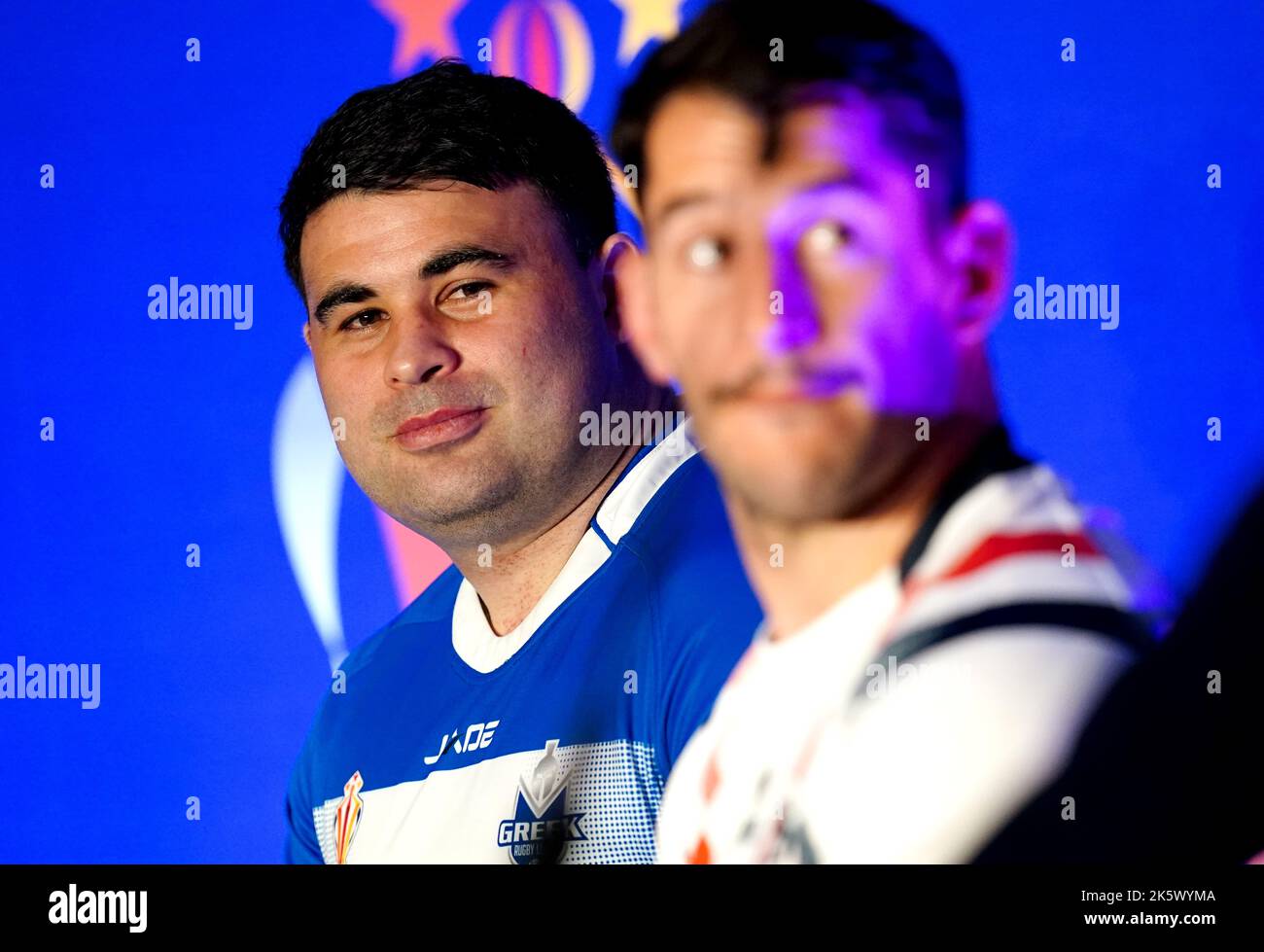 Der griechische Kapitän Jordan Meads während der Rugby League World Cup 2021 Turnierstart im Museum of Science and Industry in Manchester. Bilddatum: Montag, 10. Oktober 2022. Stockfoto
