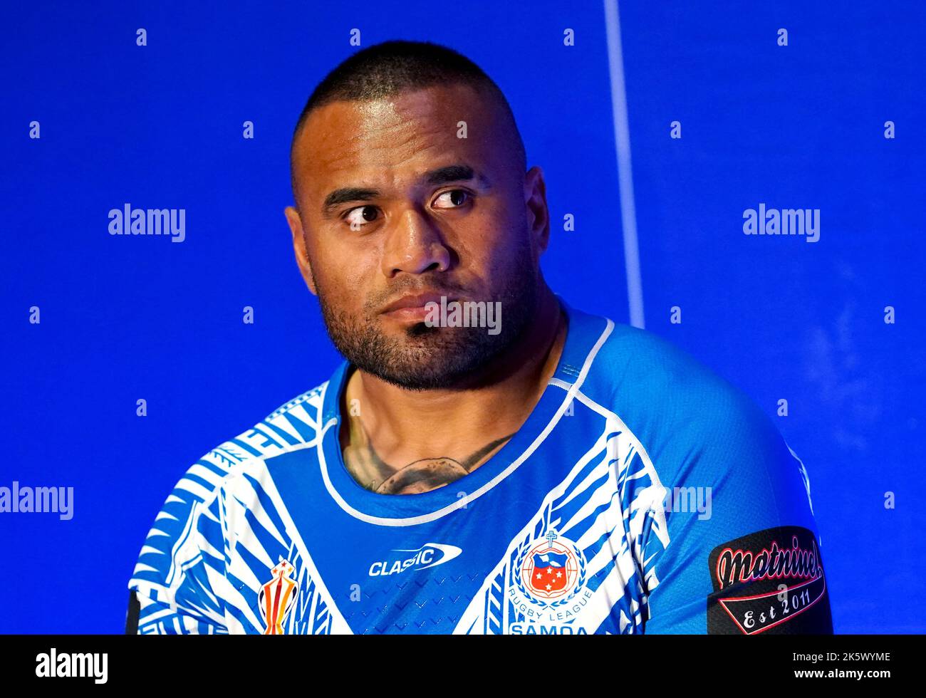 Samoa Kapitän Junior Paulo während der Rugby League World Cup 2021 Turnierstart im Museum of Science and Industry in Manchester. Bilddatum: Montag, 10. Oktober 2022. Stockfoto