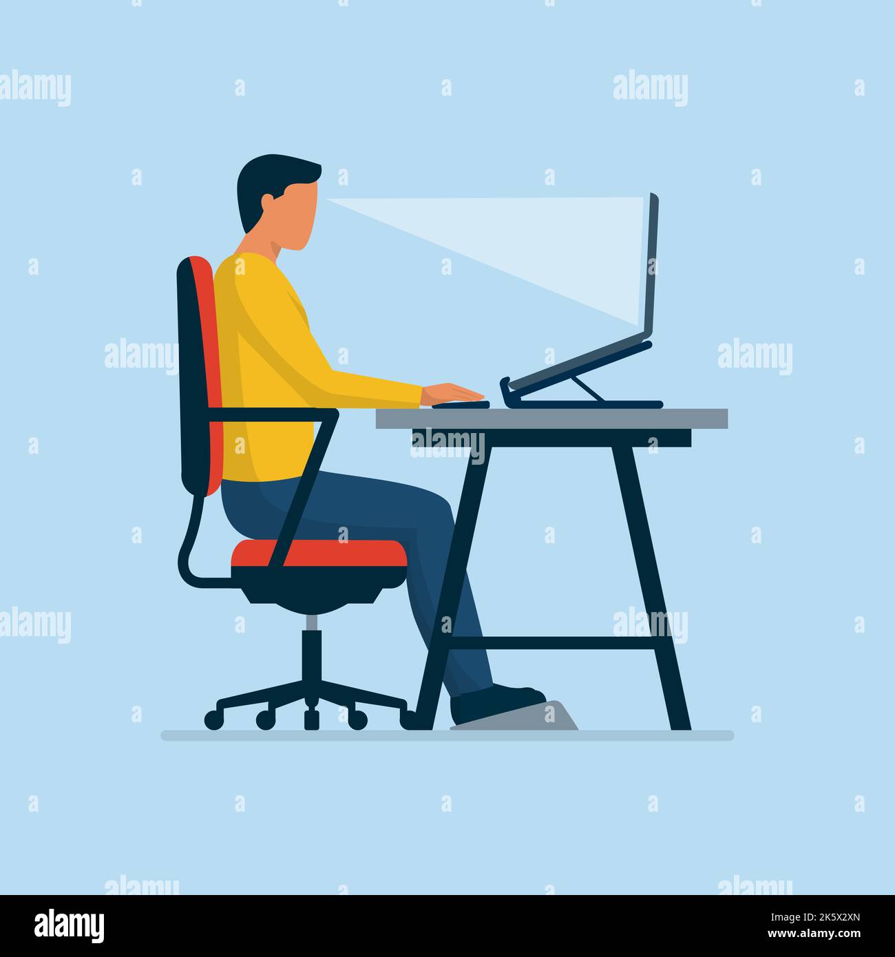 Ergonomischer Arbeitsplatz und richtige Sitzhaltung am Schreibtisch, Mann, der richtig am Schreibtisch sitzt und mit einem Laptop arbeitet Stock Vektor