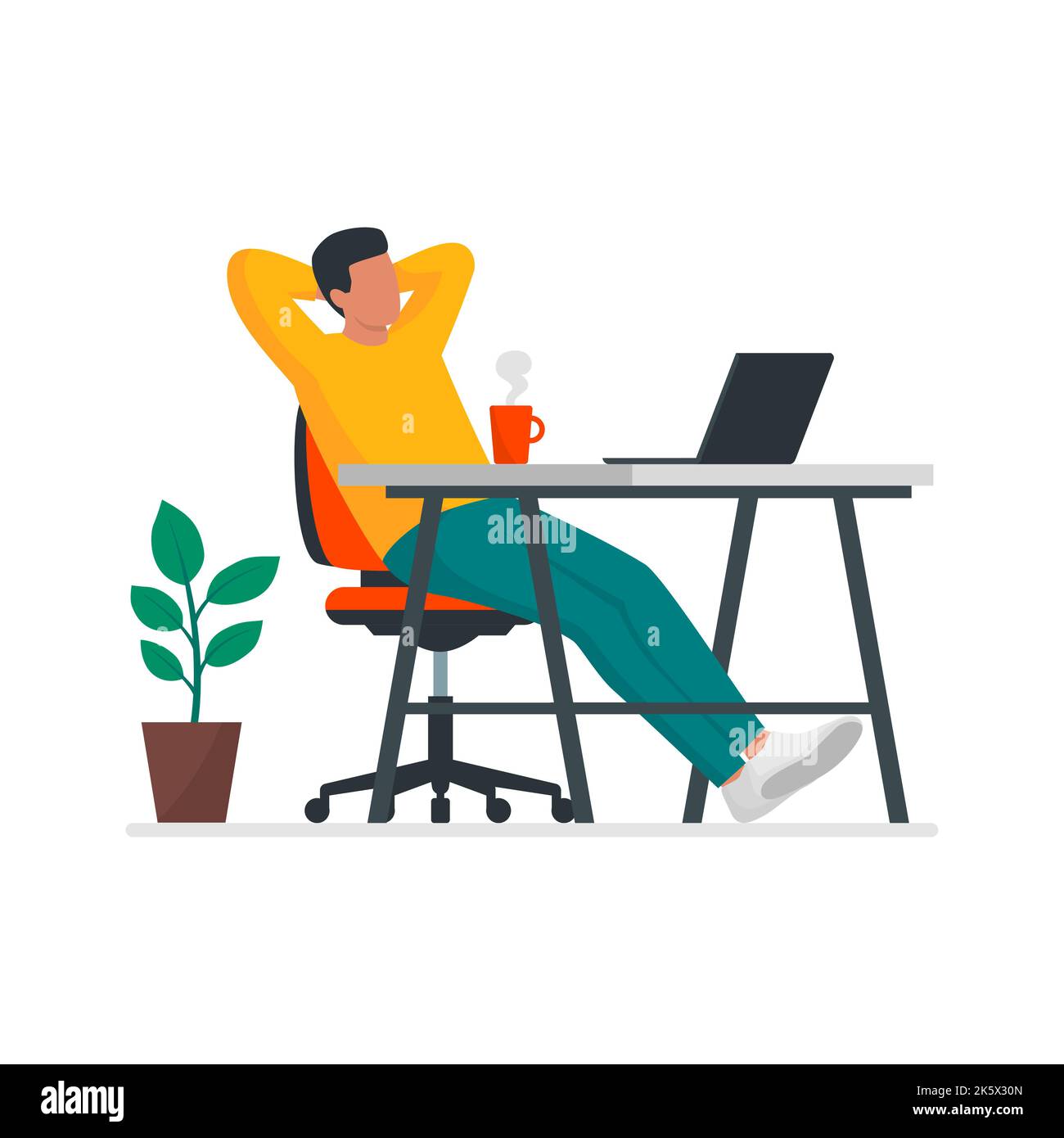 Kreativer Mann, der am Schreibtisch sitzt und eine Pause macht, entspannt sich mit den Händen hinter dem Kopf, isoliert auf weißem Hintergrund Stock Vektor