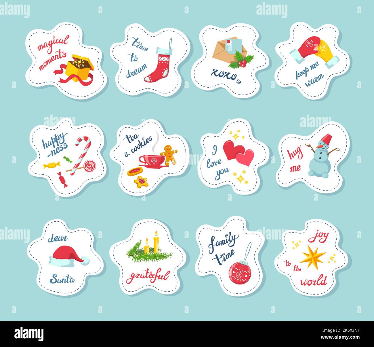 Niedliche Weihnachtsfeiertage, Weihnachten, Neujahrssticker, Magnete-Paket. Kollektion mit Objekten und Hygge-Schriftzug in weißen Wolken. Weihnachtsmütze, Schneemann, Kerze Stock Vektor