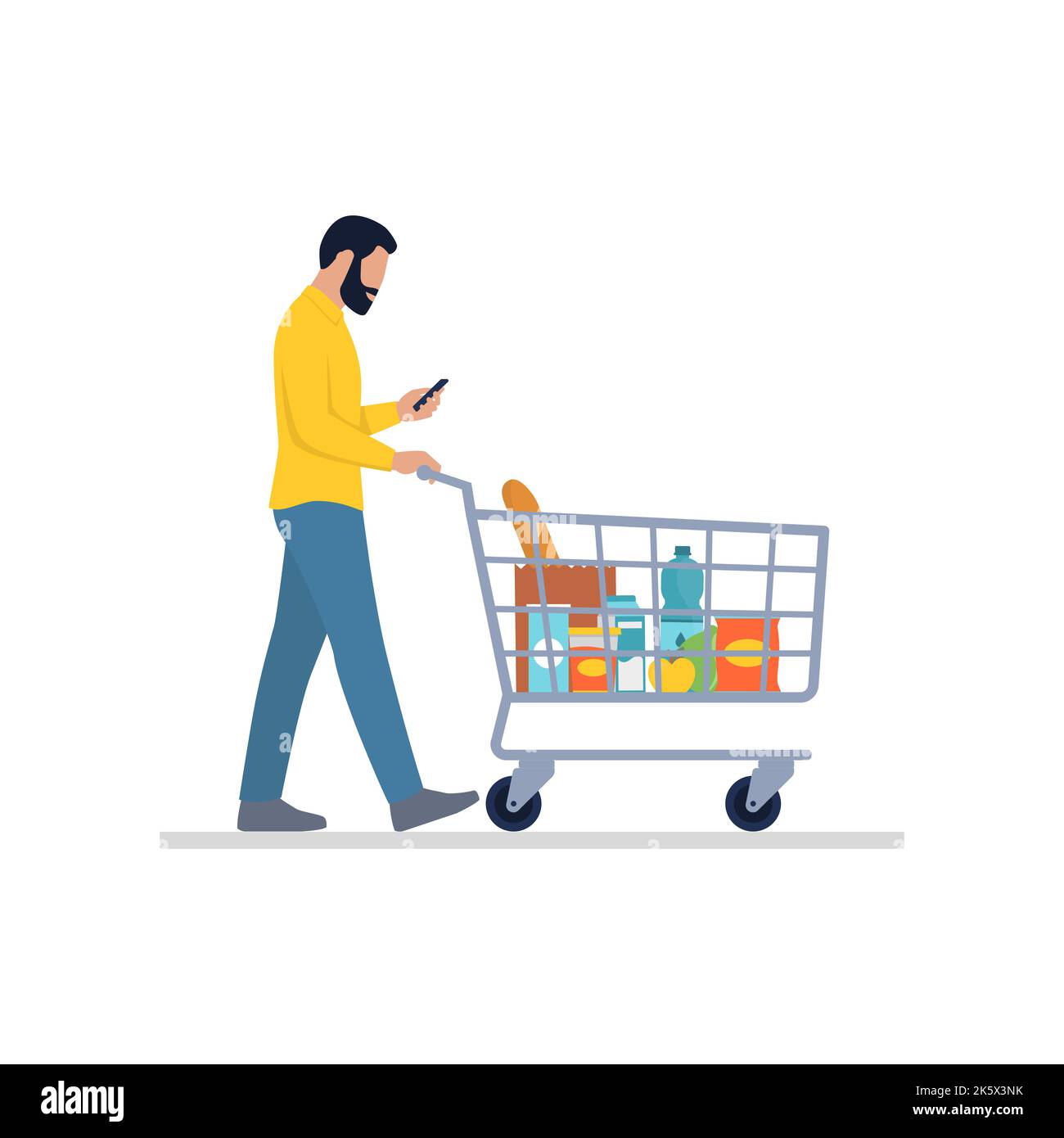 Mann beim Einkaufen im Supermarkt: Er schiebt einen Einkaufswagen und nutzt sein Smartphone, isoliert auf weißem Hintergrund Stock Vektor