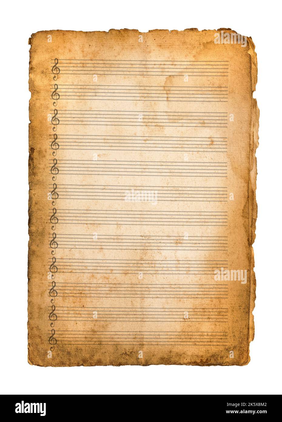 Altes Notenblatt mit leerem musikalischen Pentagramm isoliert auf Weiß Stockfoto