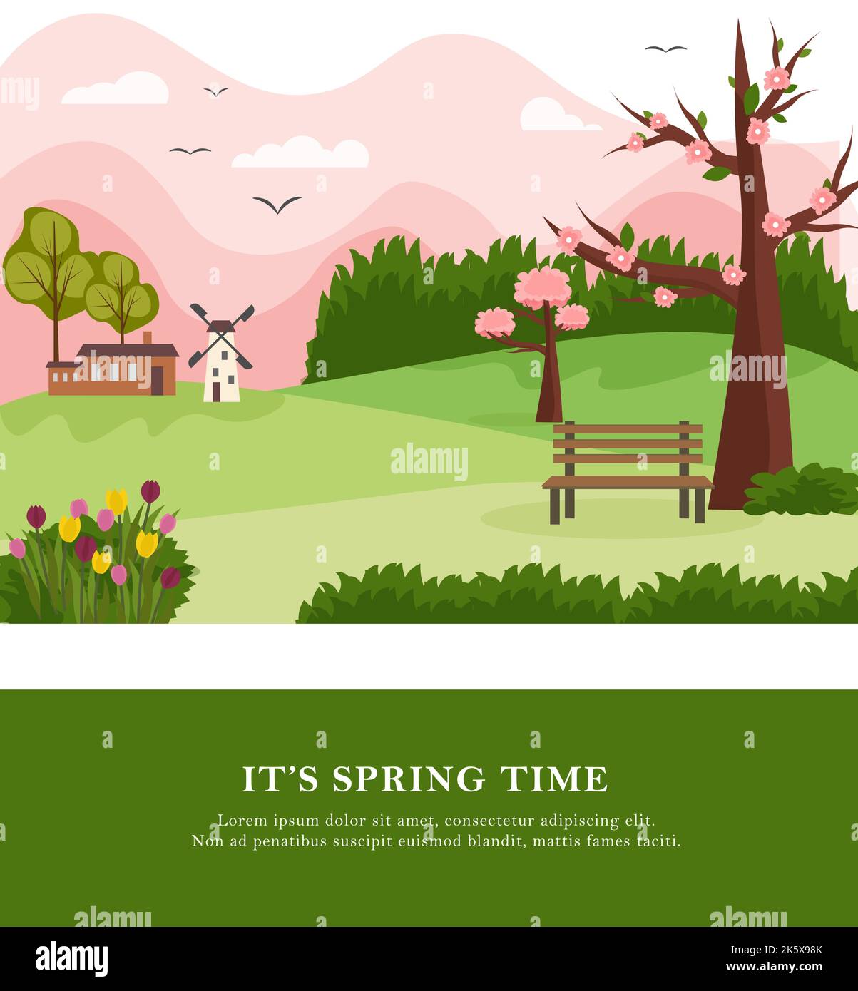 Postkarte mit ländlicher Landschaft im Frühling. Blühende Bäume, ein Haus und eine Mühle, Hügel und Berge. Vektorzeichnung. Stock Vektor