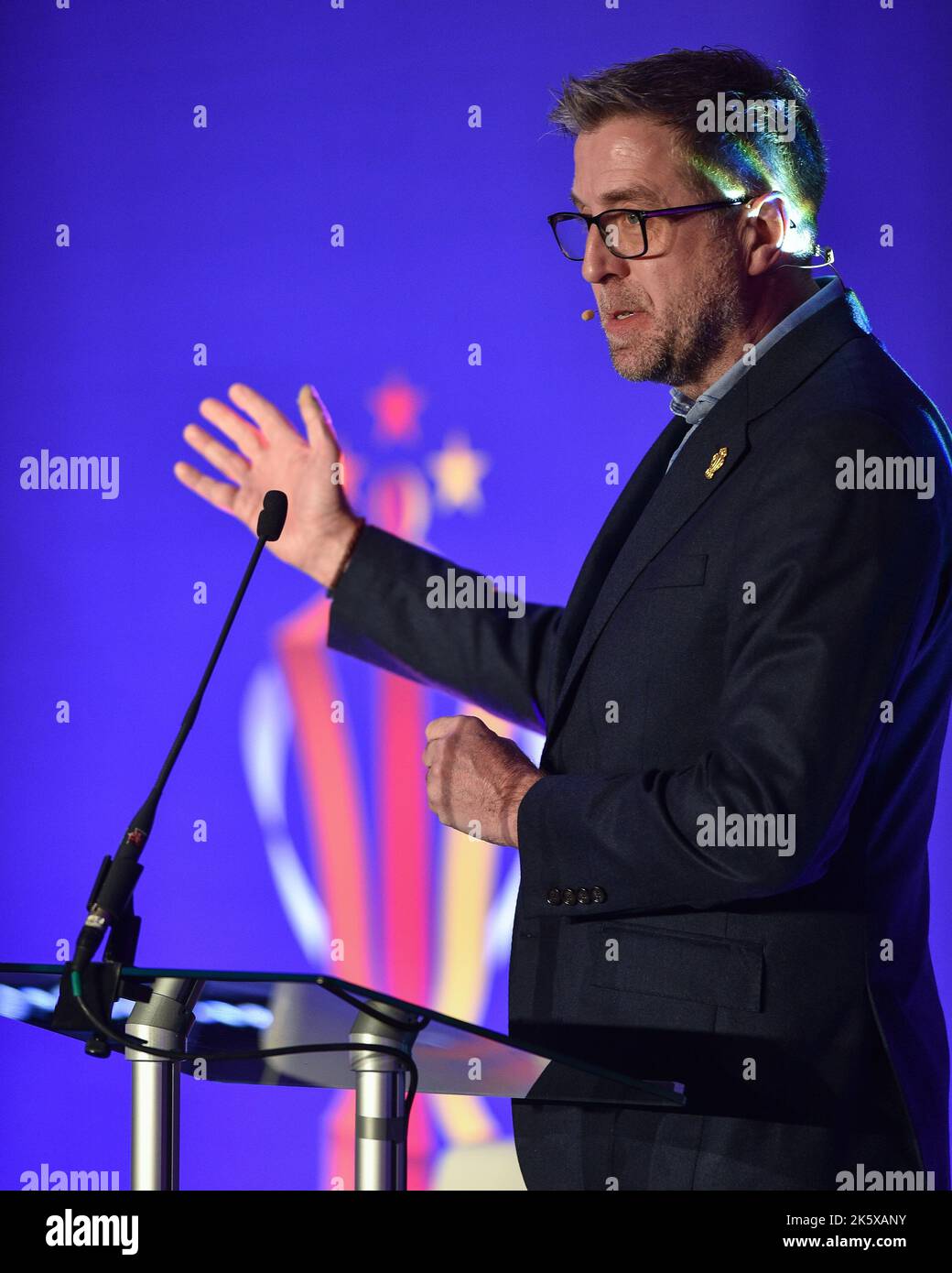 Manchester, England - 10.. Oktober 2022 - Mark Chapman veranstaltet den Start der Rugby League World Cup RLWC 2021 im Science Museum, Manchester, Großbritannien Stockfoto