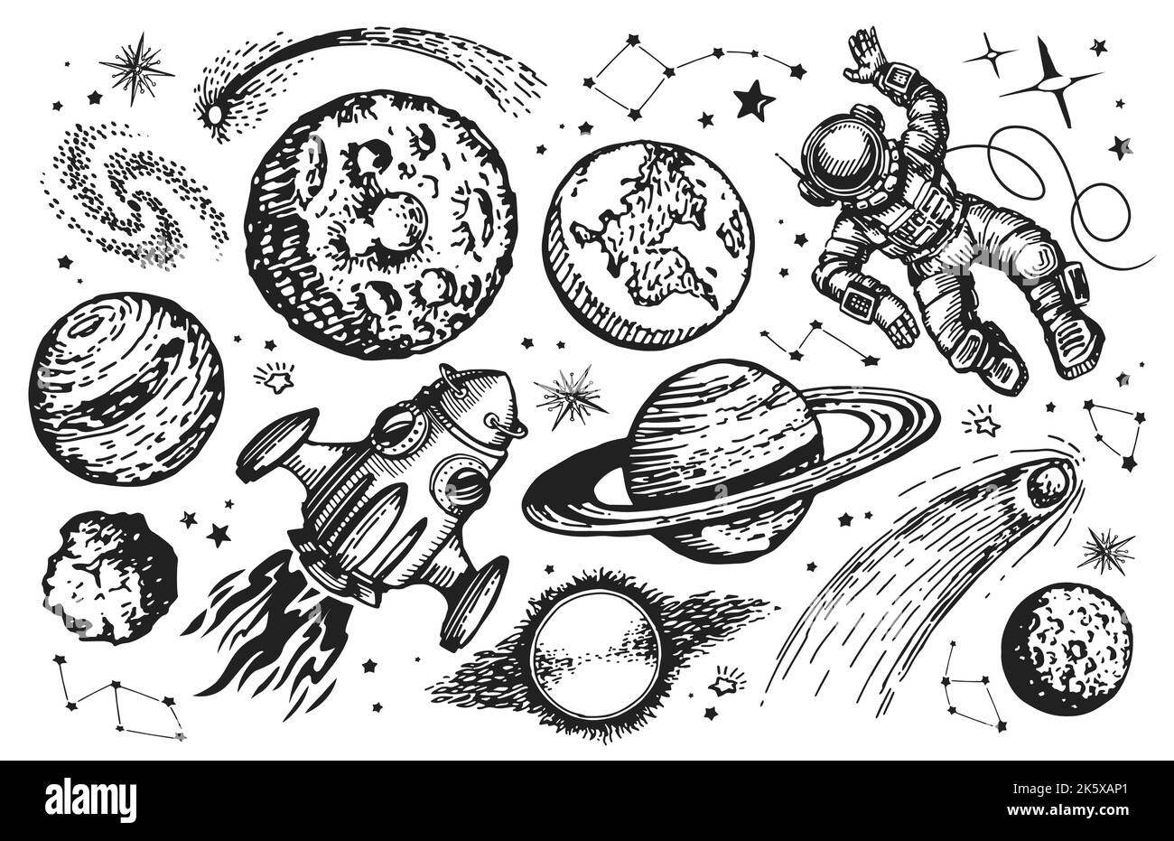 Konzept der Raumfahrt. Galaxy-Zeichensatz. Raumschiff, Astronaut, Planeten und Sterne skizzieren Vintage-Vektor-Illustration Stock Vektor
