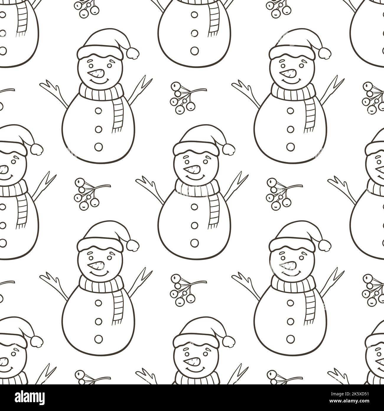 Festliches nahtloses Muster mit Schneemann auf weißem Hintergrund. Handgezeichnete Doodle-Illustration Stockfoto