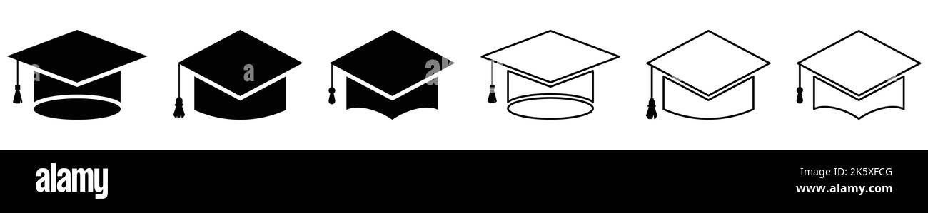 Symbole für Abschlusskappe gesetzt. Flacher und liniverer Kunststil. Abschlusshut mit Quaste für Universitäten oder Hochschulen Stock Vektor