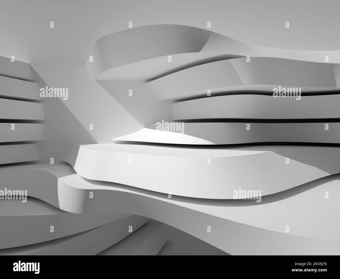Abstrakter weißer architektonischer digitaler Hintergrund mit gebogener Podium-Installation auf weißer Wand in einem leeren Innenraum. 3D Rendering-Illustration Stockfoto