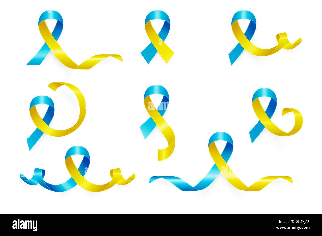 Vektor 3D realistisches Gelb- und Blaues Band-Symbol Nahaufnahme isoliert auf weißem Hintergrund. Unterstützung für Ukraine Symbo Clipart. Design-Vorlage für Anti war Stock Vektor